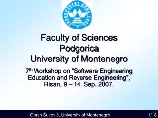 Faculty of Sciences Podgorica University of Montenegro