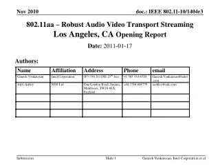 802.11aa – Robust Audio Video Transport Streaming Los Angeles, CA Opening Report