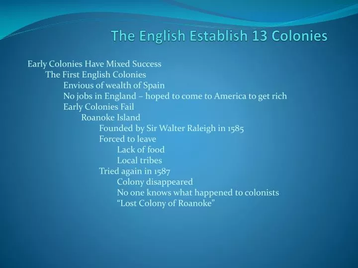 the english establish 13 colonies