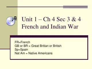 Unit 1 – Ch 4 Sec 3 &amp; 4 French and Indian War