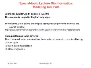 Special-topic Lecture Bioinformatics: Modeling Cell Fate