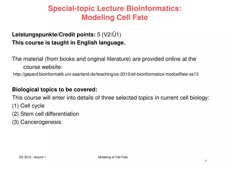 special topic lecture bioinformatics modeling cell fate