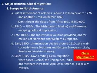 C. Major Historical Global Migrations 		1. Europe to North America
