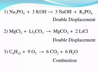 Na 3 PO 4 + 3 KOH → 3 NaOH + K 3 PO 4 				Double Displacement