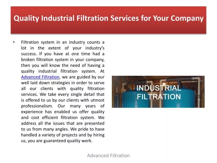 quality industrial filtration services for your company