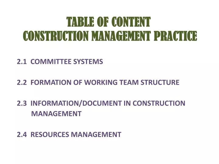 table of content construction management practice