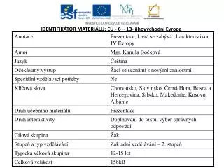 IDENTIFIKÁTOR MATERIÁLU: EU - 6 – 13- jihovýchodní Evropa