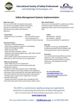 Key Areas of Focus: ¨ Overview of Safety Management