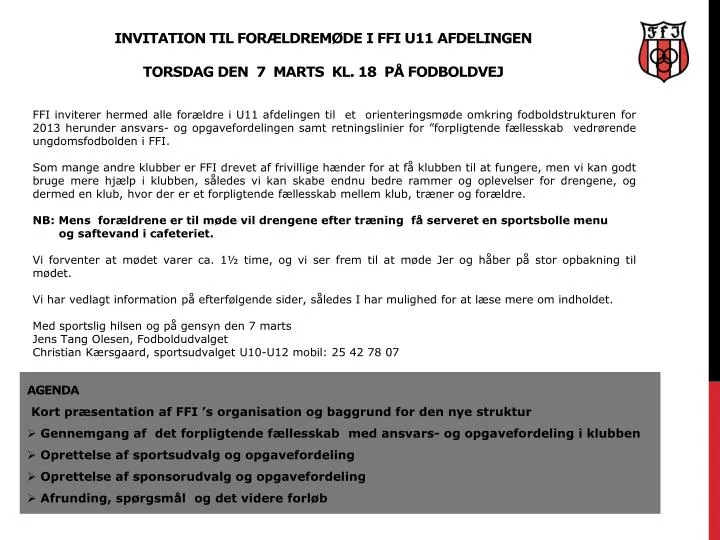 invitation til for ldrem de i ffi u11 afdelingen torsdag den 7 marts kl 18 p fodboldvej