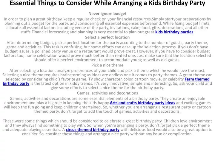 essential things to consider while arranging a kids birthday party