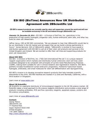 ESI BIO (BioTime) Announces New UK Distribution Agreement wi