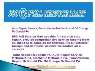 Auto Repair Service, Transmission Mechanic and Oil Change Mc
