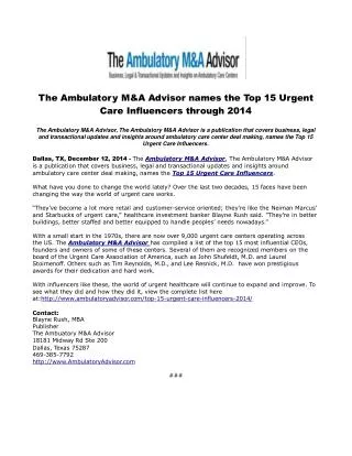 The Ambulatory M&A Advisor names the Top 15 Urgent Care Infl