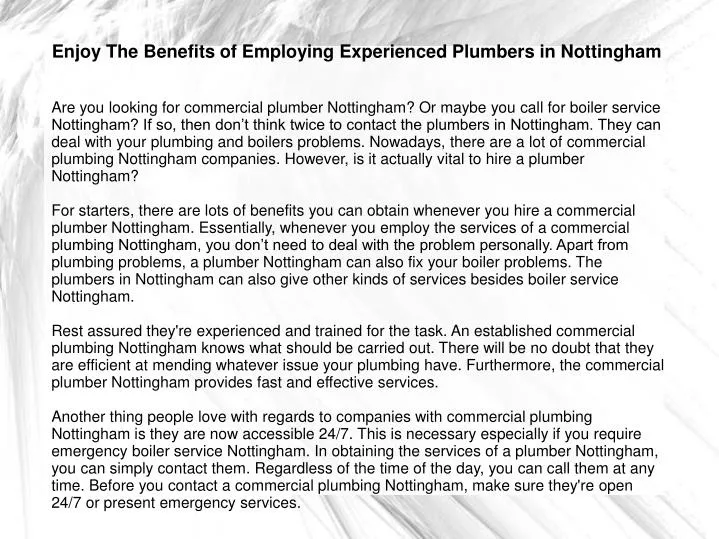enjoy the benefits of employing experienced plumbers in nottingham