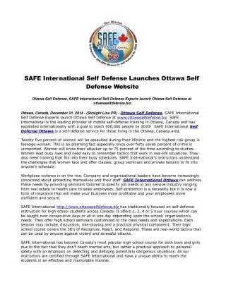 SAFE International Self Defense Launches Ottawa Self Defense