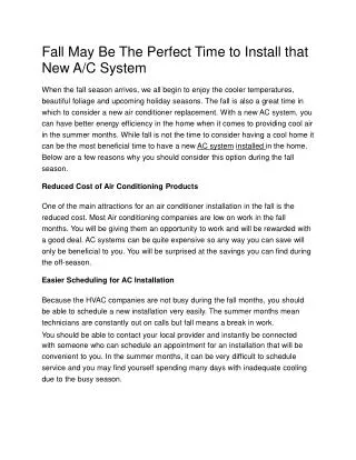 Fall May Be The Perfect Time to Install that New A/C System