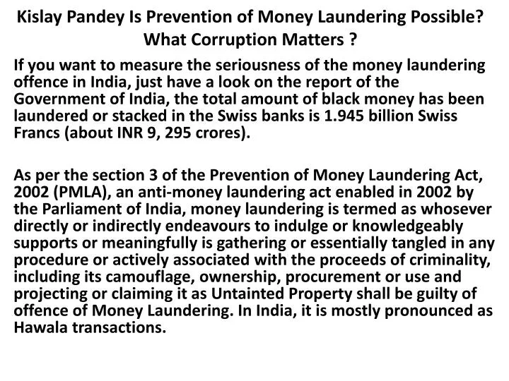 kislay pandey is prevention of money laundering possible what corruption matters