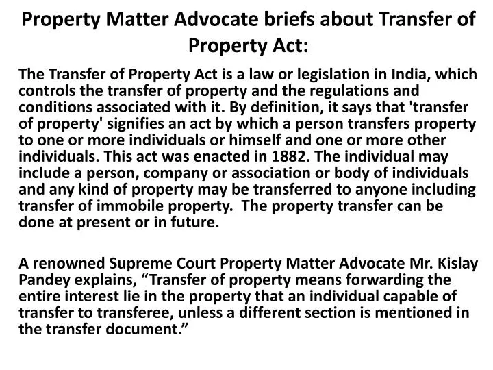 property matter advocate briefs about transfer of property act