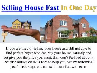 Selling House Fast In One Day