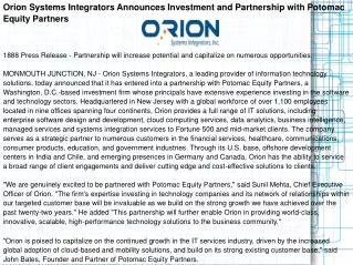 Orion Systems Integrators Announces Investment and Partnersh