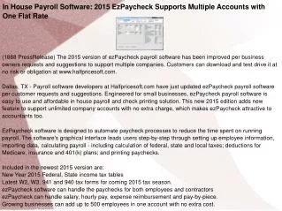 In House Payroll Software: 2015 EzPaycheck Supports