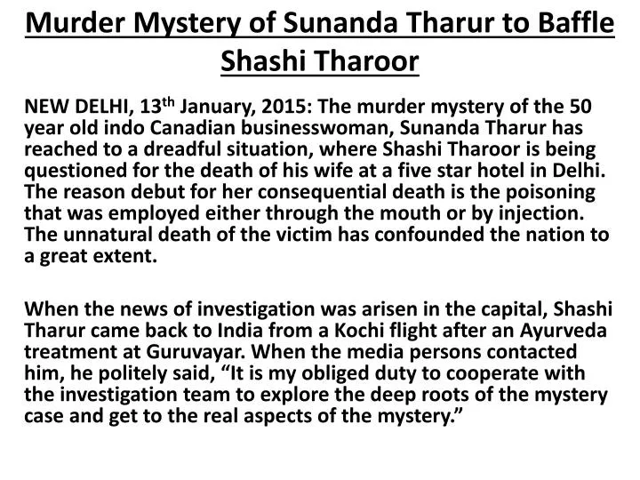 murder mystery of sunanda tharur to baffle shashi tharoor