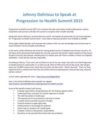 Johnny Delirious to Speak at Progression to Health Summit