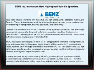 BENZ Inc. Introduces New High-speed Spindle Speeders