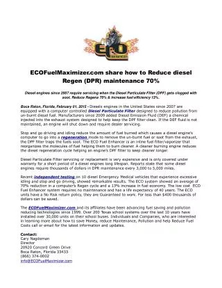 ECOFuelMaximizer.com share how to Reduce diesel Regen (DPR)