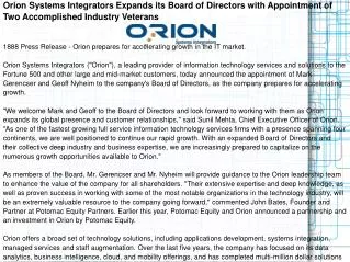Orion Systems Integrators Expands its Board of Directors